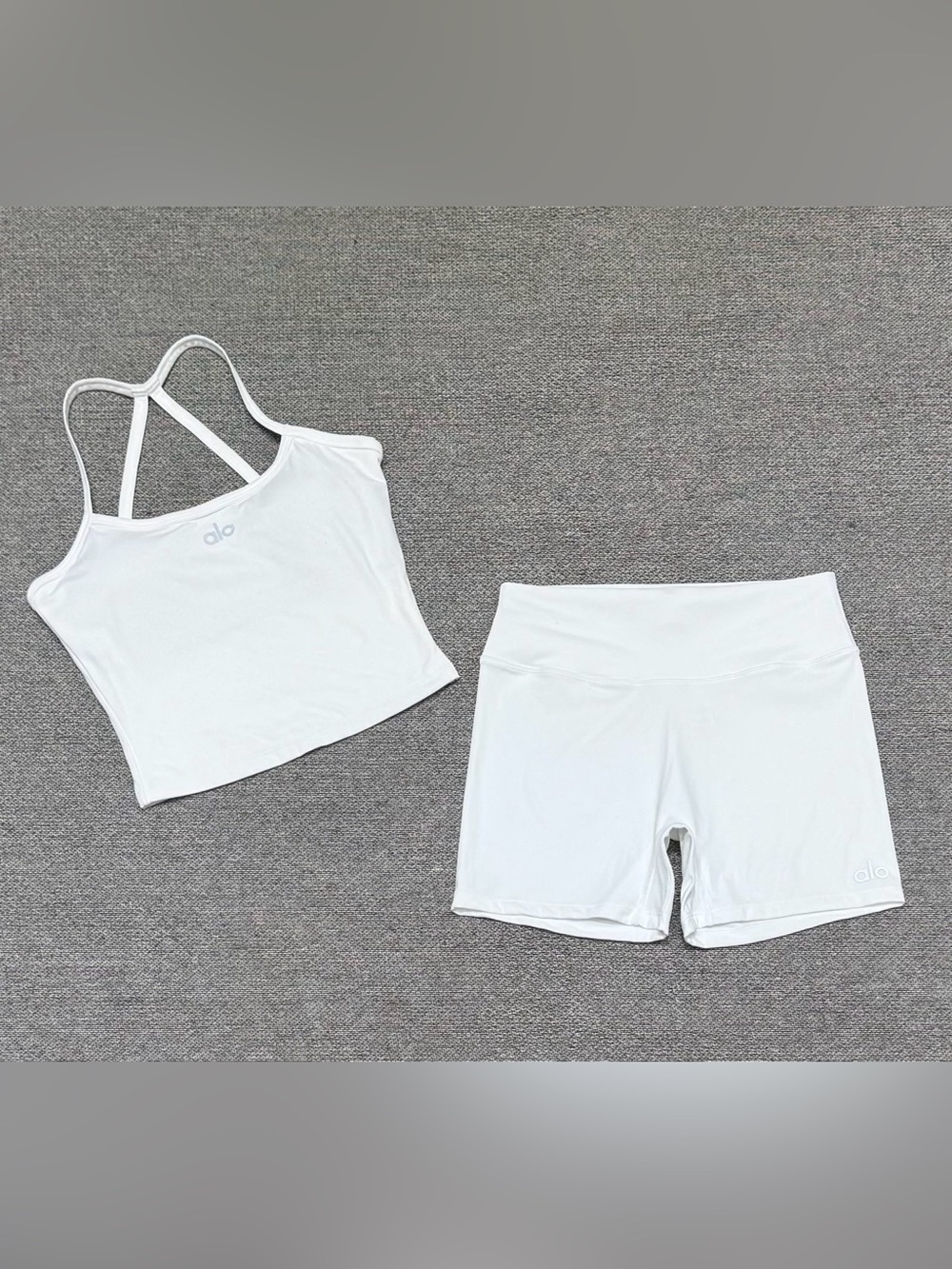 ALO Yoga White Biker Shorts and Matching Cropped Tank